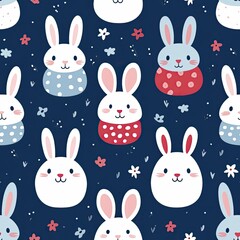 Bunch of Bunnies on Blue Background Seamless Pattern