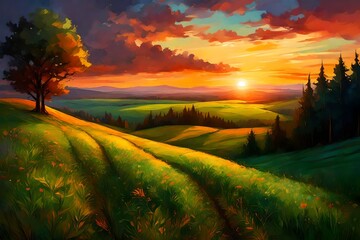 Sunset scenery on a green field with forests and hills on the horizon and the sky painted in...