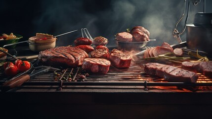 Collection of grilled meats on grill. Generative AI - obrazy, fototapety, plakaty