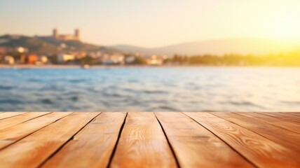 The empty wooden brown table top with blur background of seaside resort. Exuberant image....