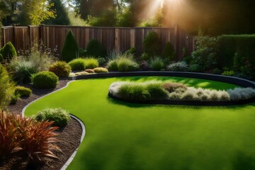 This beautiful backyard woodland garden features a maintenance free lawn made of realistic looking artificial grass, a huge landscaping trend for small spaces.