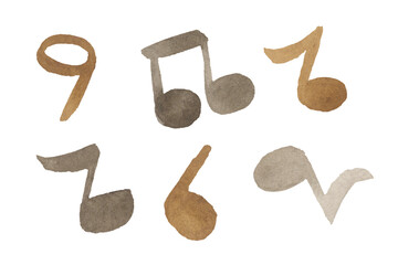 Music Note set Watercolor illustration. Hand drawn clip art on white isolated background. Drawing of Symbols of piano Sounds. Painting of the songs sign in muted brown colors