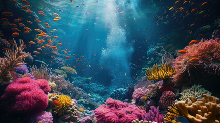 Underwater scene with colorful coral reefs filled with beautiful sea fish. Capture the essence of tropical marine life and scuba diving.