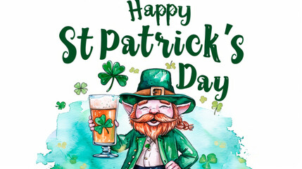 A leprechaun with a mug of beer on the background of a four-leaf clover congratulates on St. Patrick's Day.