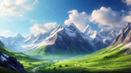 breathtaking beauty of mountain landscape with snow-capped peaks and lush green valleys