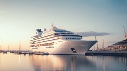 A modern, white cruise ship near the pier, side view. Travel and vacation