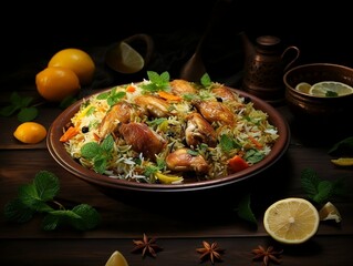 Plate of chicken biryani on a table with lemon
