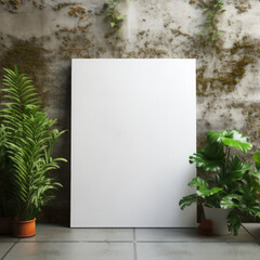 Minimalist Canvas Mockup: Blank Screen on Concrete Surface with Greenery Accents