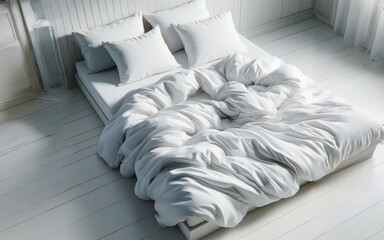 Luxury bedroom. King bed with white linens and pillows. Interior with view window, bed with white bed linen and curtains