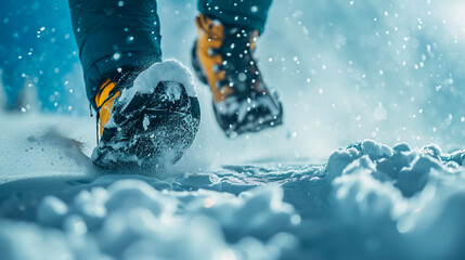 Man man walks through the snow in the mountains. Selective focus. - obrazy, fototapety, plakaty