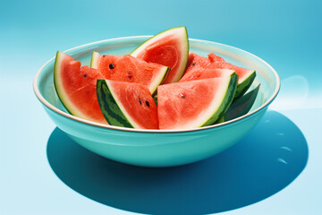 Fresh watermelon slices in a blue bowl