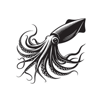 Enchanted Abyss: Giant Squid Silhouette Conjures an Enchanting Aura in Ocean's Embrace - Giant Squid Illustration - Sea Monster Vector - Giant Squid Vector
