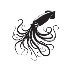 Mythical Mariner: Giant Squid Silhouette, a Legendary Creature of Maritime Folklore - Giant Squid Illustration - Sea Monster Vector - Giant Squid Vector
