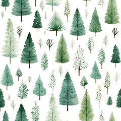 Watercolor Christmas Tree Pattern on White Background