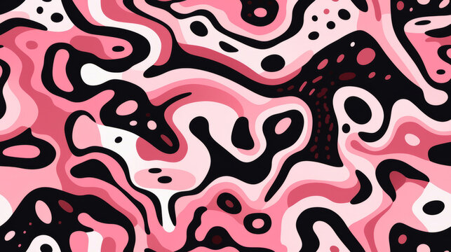 Seamless pattern background with abstract art patterns, in the style of squiggly and waving lines, dark white and pink colors , immersive and playful doodles