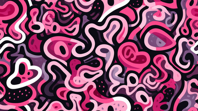Seamless pattern background with abstract art patterns, in the style of squiggly and waving lines, dark white and pink colors , immersive and playful doodles