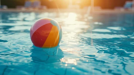 Zelfklevend Fotobehang Summer holidays background with colorful beach ball floating on luxury swimming pool and copy space © Keitma