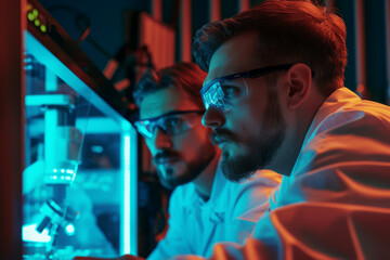 Obraz premium R&D centre image with portrait of engineers wearing protection glasses researching new energy sources