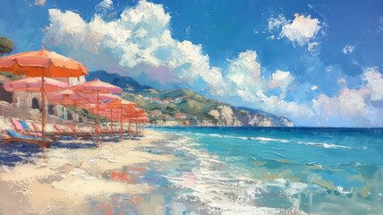Textured painting of a beach on the French Riviera with orange umbrellas and turquoise waters under a dynamic sky. - obrazy, fototapety, plakaty