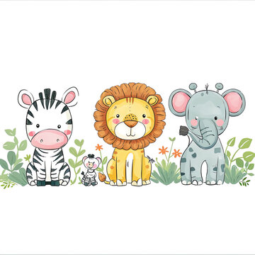 illustration cute baby cartoon safari animal set isolated on white background, learning, nursery room, books, card designs