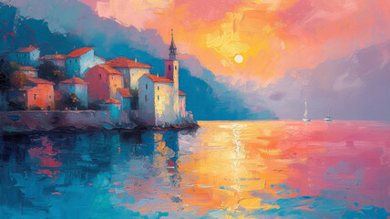 Coastal landscape painting capturing a sunset with vivid pink and orange hues reflecting on water near a quaint village. - obrazy, fototapety, plakaty