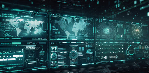 Four screens in the control room.