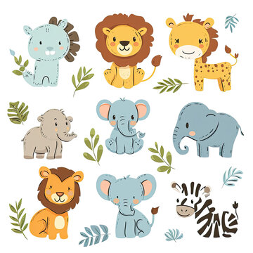 creative cute cartoon safari animal set isolated on white background, learning, nursery room, books, card designs