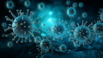 A 3D render of detailed virus particles with spike proteins floating against a deep blue backdrop, representing health threats.
.
