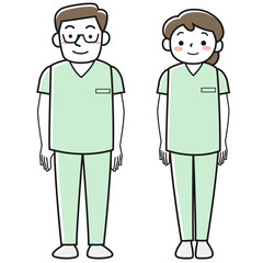 正面を向いて立つ医療従事者の男女