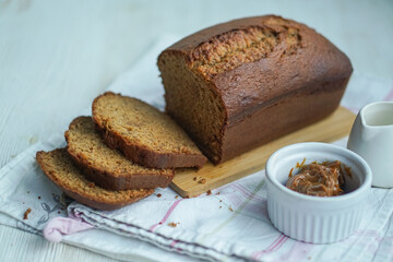 Delicious  homemade pound cake with caramel/ Sweet caramel loaf cake. Close up selective focus