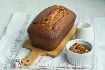 Delicious  homemade pound cake with caramel/ Sweet caramel loaf cake. Close up selective focus