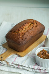 Delicious  homemade pound cake with caramel/ Sweet caramel loaf cake. Close up selective focus