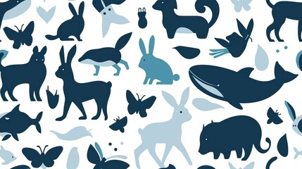 seamless pattern with various blue animals