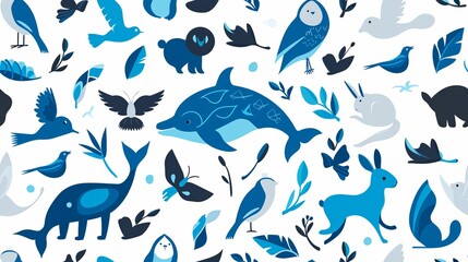 seamless pattern with various blue animals