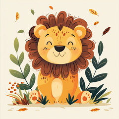 Illustration cute baby lion sitting with leaves, nursery room decor portraits, neutral color background