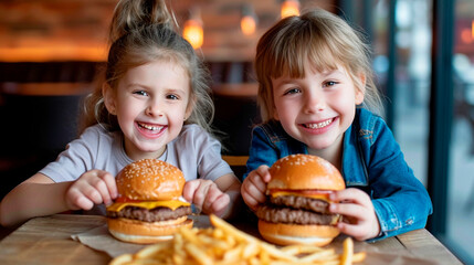 children eat fast food in a cafe. Selective focus.