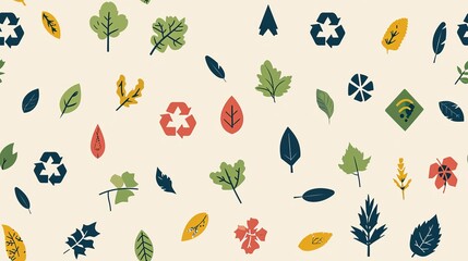 Colorful seamless pattern with leaves and recycling icon