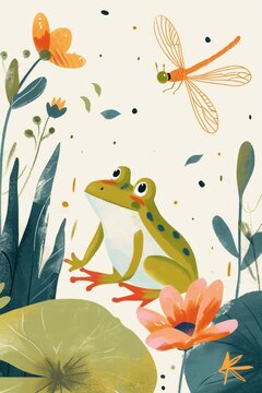 Playful frog and vibrant dragonfly in a birthday setting.