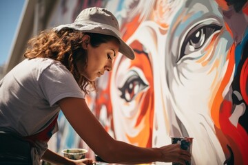 Fototapeta na wymiar Artist at Work: Painting a Colorful Mural Outdoors