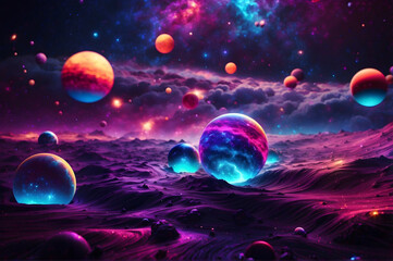 Obraz na płótnie Canvas Illuminated Cosmic Horizon with Planet Like Spheres Wallpaper Background Generative AI