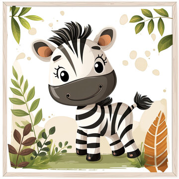 cute baby zebra with tropical leaves  illustration for kids nursery room in a frame