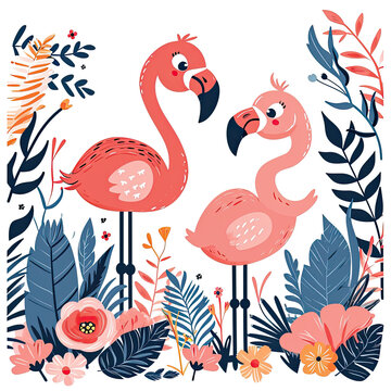cute flamingos couple in love, pink flamingo, kids tropical print in background, kids nursery room decor