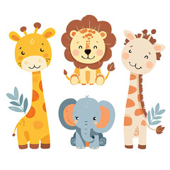cute baby jungle animals, lion, elephant, giraffe, set of animals for kids nursery room, or cards illustration