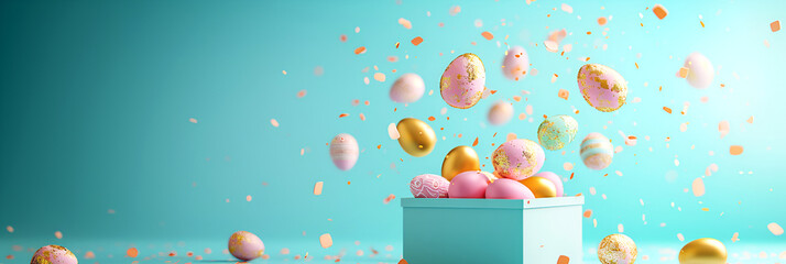 Easter eggs of gold and pink color flying out of a gift box on a blue background, minimal creative Easter layout for congratulations. Banner with copy space.