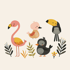 Obraz premium cute illustration of cartoon set of tropical birds in neutral theme of colors, kids nursery, learning nooks, cards