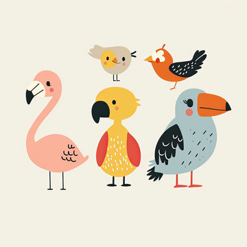 cute illustration of cartoon set of tropical birds in neutral theme of colors, kids nursery, learning nooks, cards