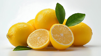 Lemons with leaves and water drops on a white background.