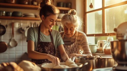 Grandmother and her daughter in law young woman are cooking making bread using dough in light sunny vintage kitchen