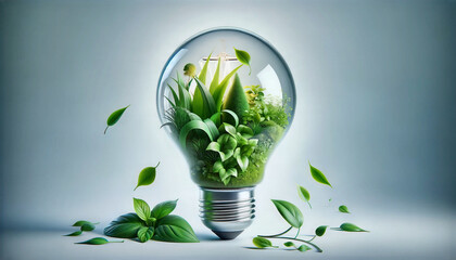 Eco friendly lightbulb from fresh leaves top vie, concept of Renewable Energy and Sustainable Living, created. Generative AI 