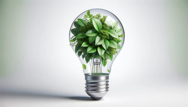 Eco friendly lightbulb from fresh leaves top vie, concept of Renewable Energy and Sustainable Living, created. Generative AI 